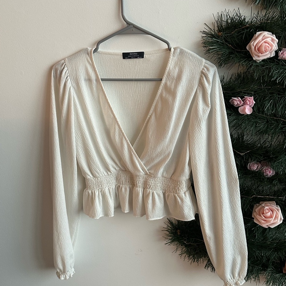 Bershka Cream V-Neck Blouse
